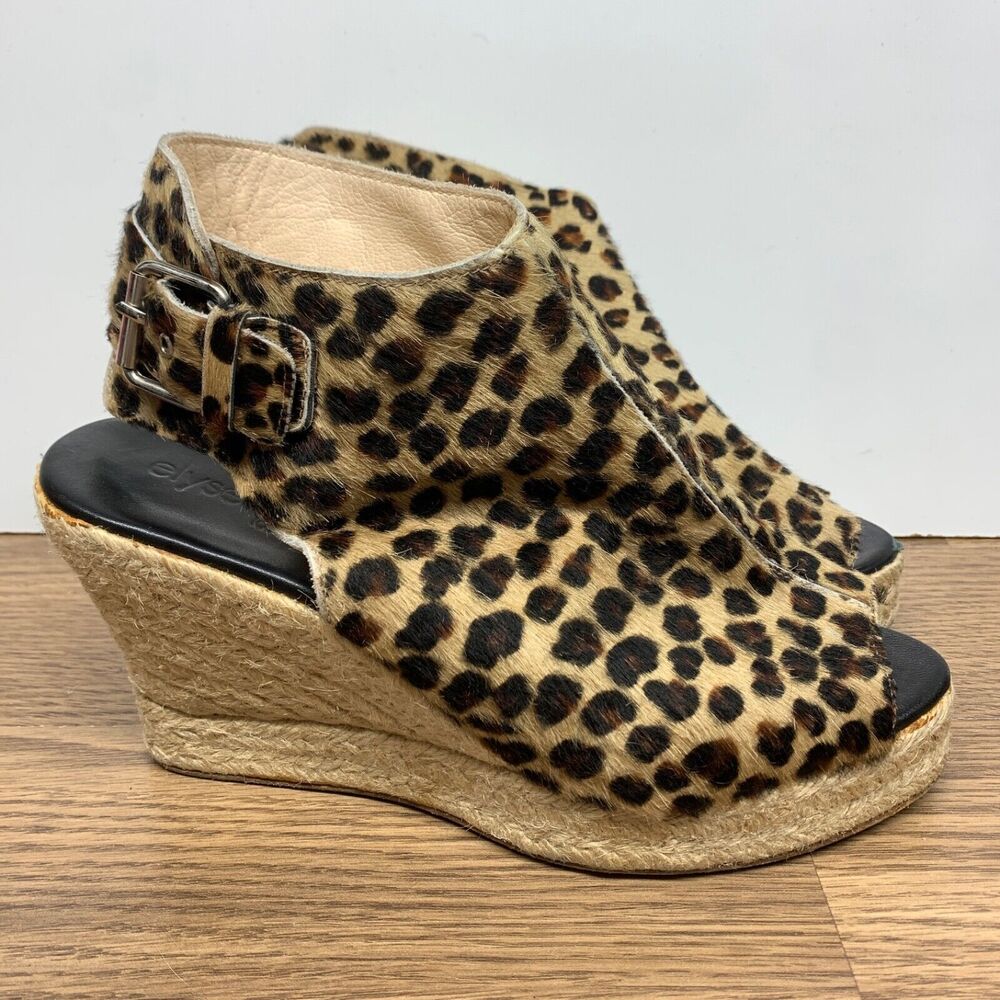 Elyese Walker Leopard Calf Hair Leather Wedge Espadrille Size 8‎ / 38 Peep Toe